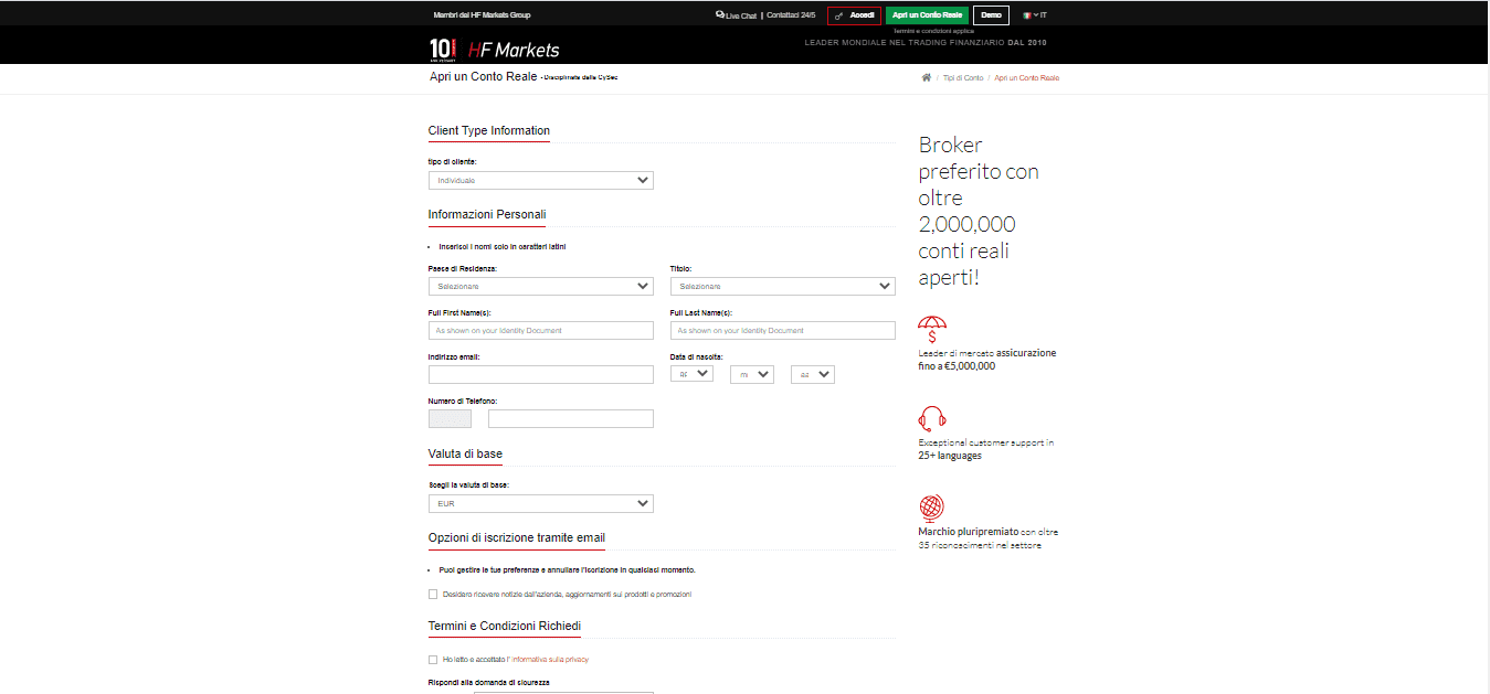 Pagina di Apertura di un conto di HF Markets